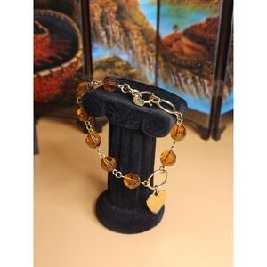 COOKIE LEE Faceted Amber Bead‎ & Heart Charm Bracelet Gold Tone FREE $HIPPING!!!